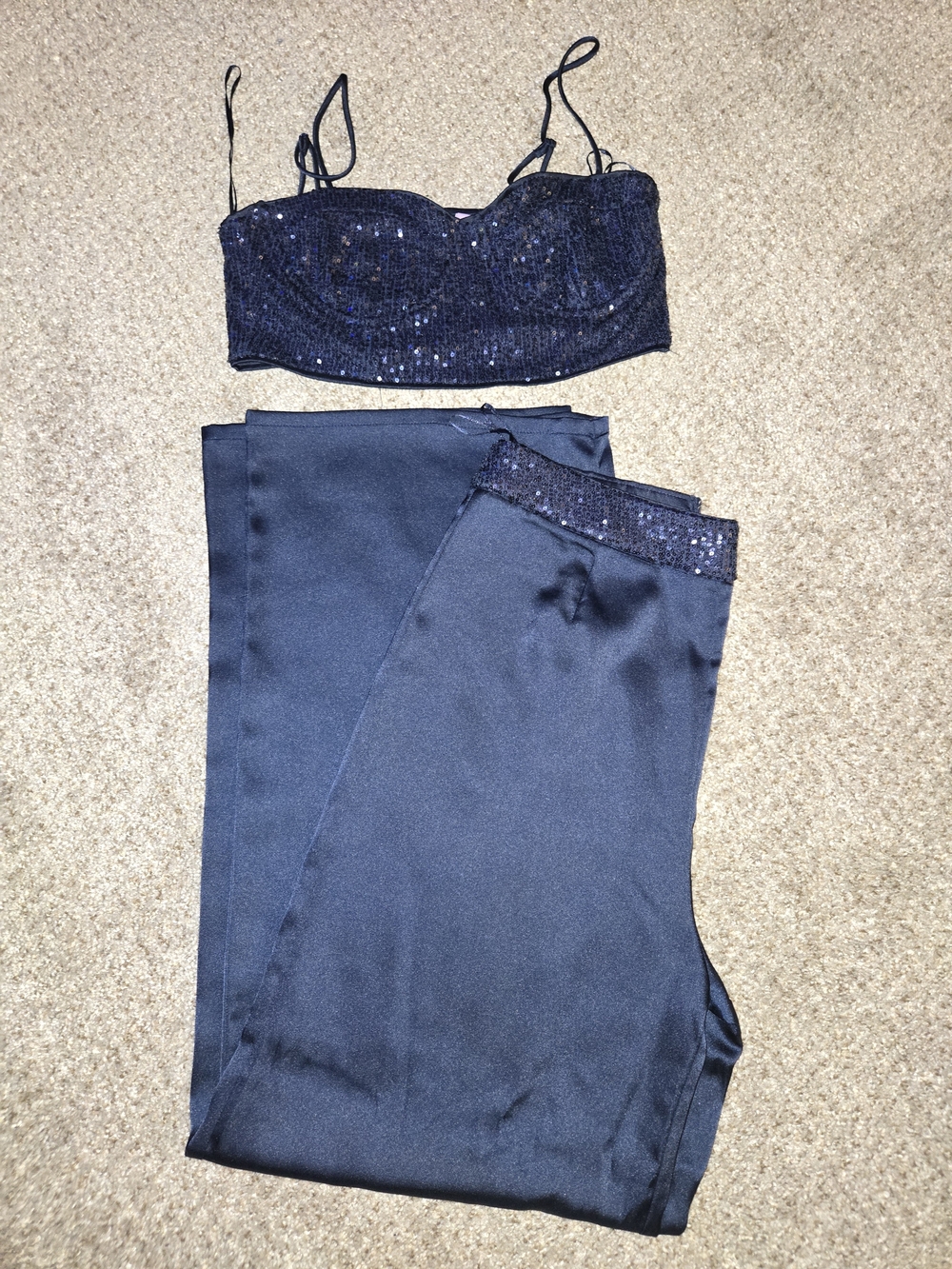 Navy Sequin Waist Satin Pants And matching Sequin Top